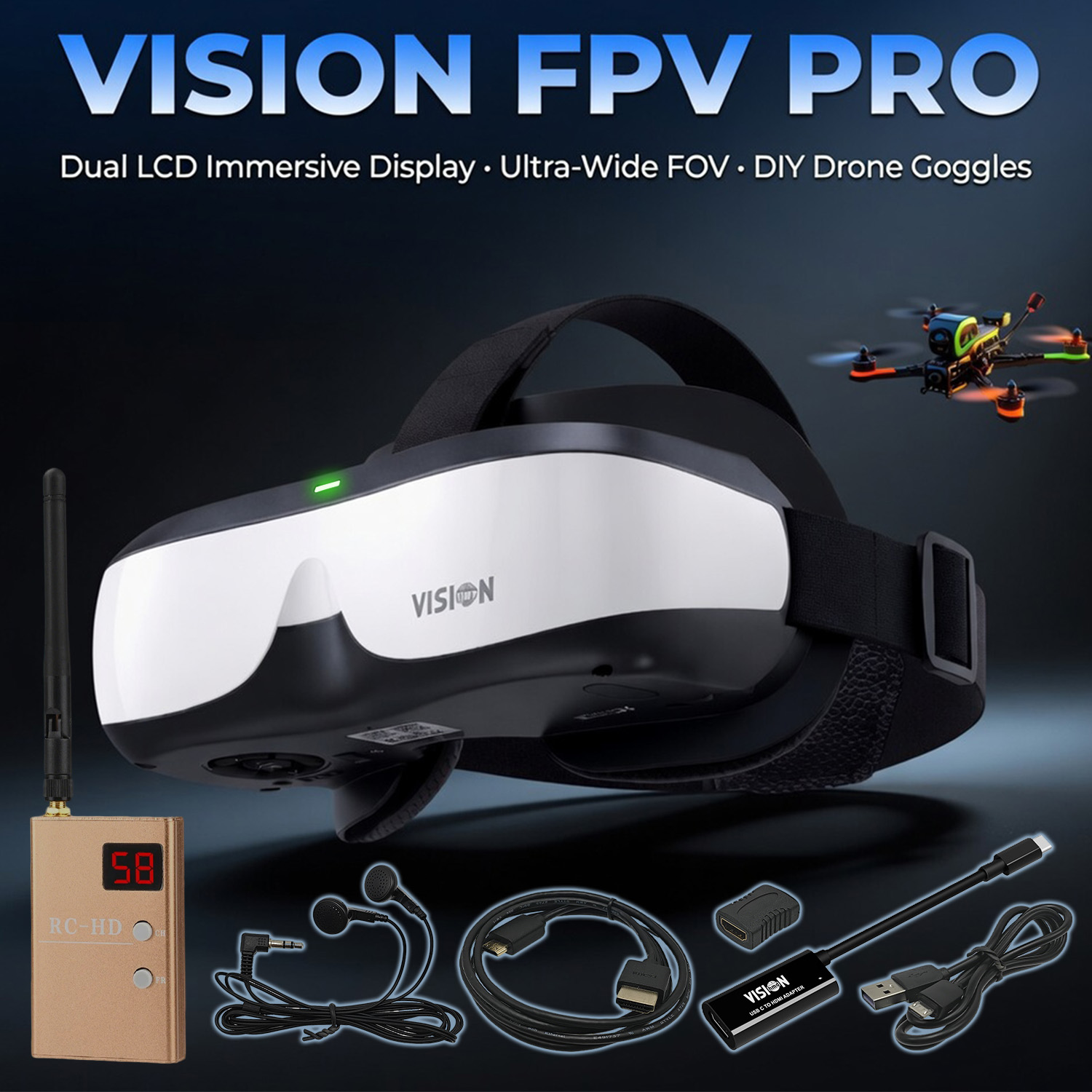 Skyzone Sky04O Pro Fpv Goggles - FPVゴーグル、ヘッドマウントディスプレイ、アナログビデオレシーバー、エントリーレベルフライトヘルメット、非VR/ARゴーグル、固定スクリーン